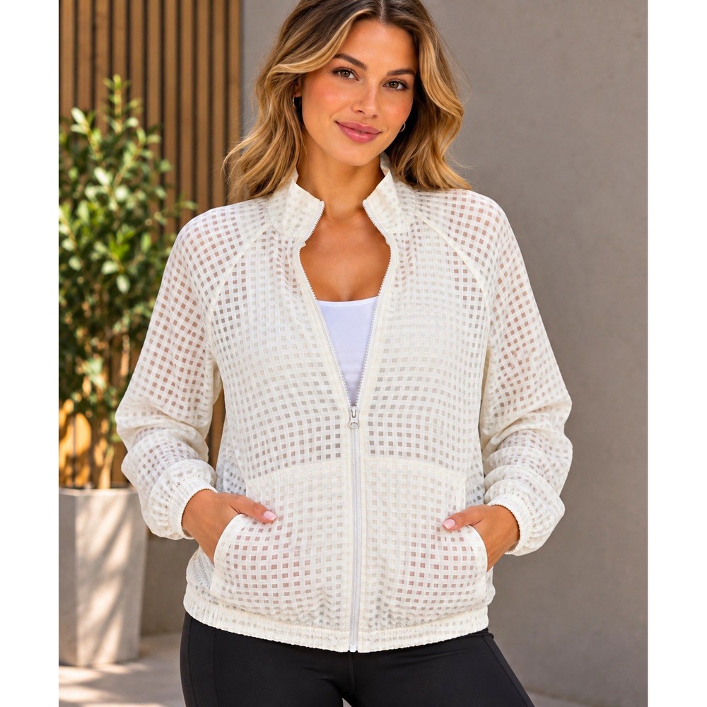 Fabletics Women's Track Jacket S White Check Full Zip Pockets Stretch Poly
